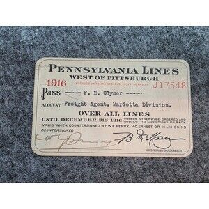 1916 Pennsylvania Lines West of Pittsburgh Railroad Pass Freight Agent Marietta